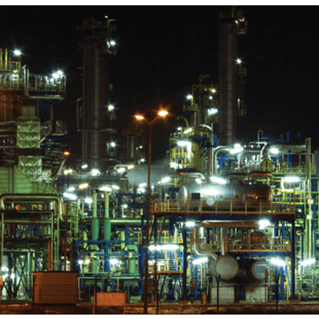 Night view of a petrochemical facility.