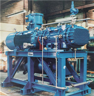 Old water-injection positive displacement blower unit Hibon used for mechanical compression of vapors, including motor and silencer for hydrogen process.