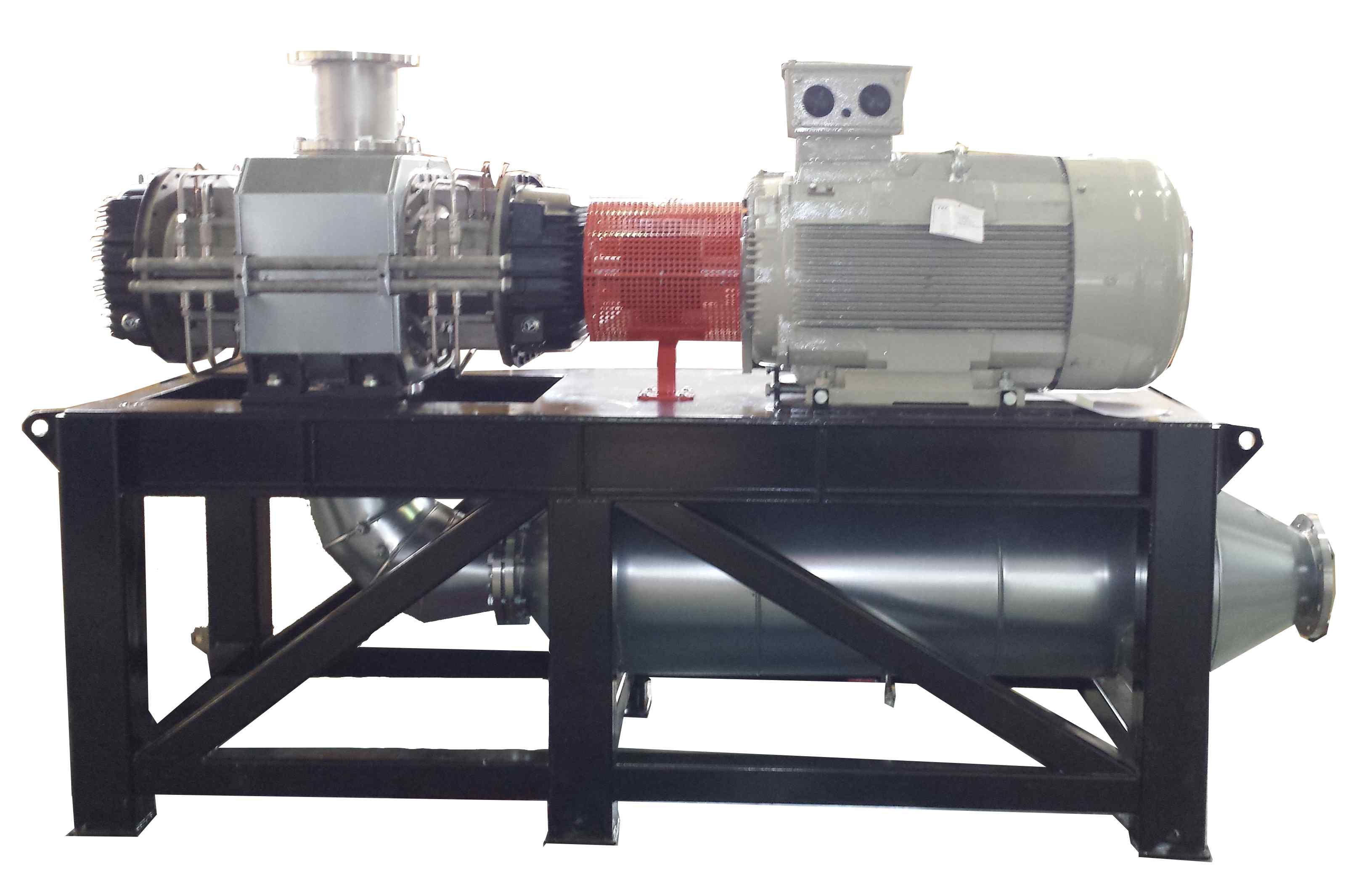 Cropped photo of a Hibon process blower unit equipped with a water-injection positive displacement blower, motor, direct drive and silencer for the mechanical compression of vapors.