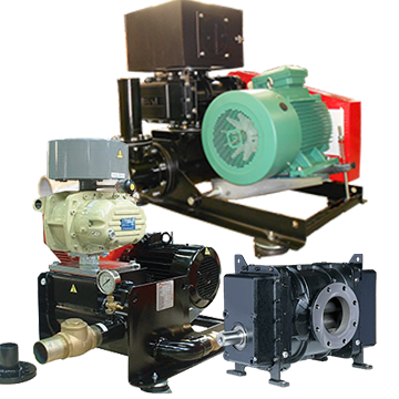 Photographic montage showcasing the various configuration options of Hibon bilobe or trilobe rotary piston blowers, either with motor, silencer, base, belts, belt tension, or as a bare shaft version for low-pressure or vacuum industrial applications with air or gases.