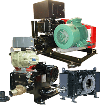 Photographic montage showcasing various Hibon bare shaft rotary piston blowers and positive displacement blowers for low pressure and vacuum applications for industries