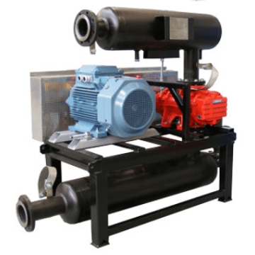 ATEX-compliant Hibon rotary piston blower assembly with base, motor, suction silencer, and discharge silencer designed for use with gas mixtures.