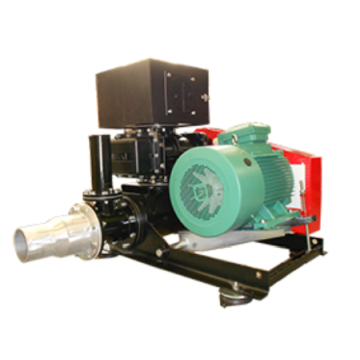 The image portrays a Silentflow positive displacement blower package Hibon, specifically with a NX positive displacment blower, equipped with a motor, V-belt, silencor and check valve.