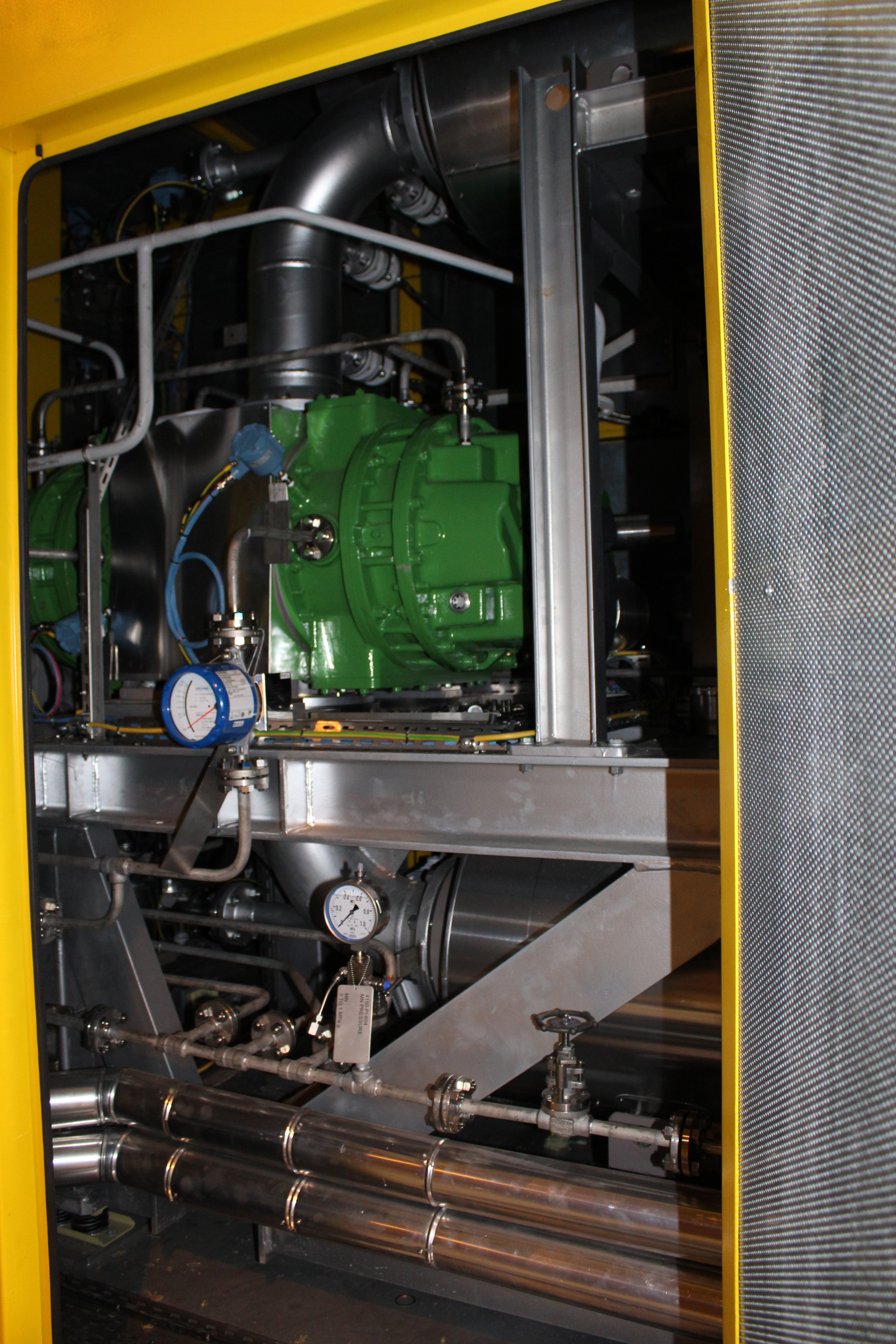 Interior of an acoustic enclosure containing a Hibon process gas blower unit with all its instrumentation tailored to customer specifications for chemical industry application.