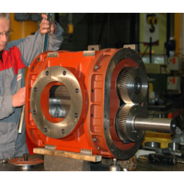 A Hibon worker conducting repairs on rotary positive displacement blower at Hibon workshops in Wasquehal France.
