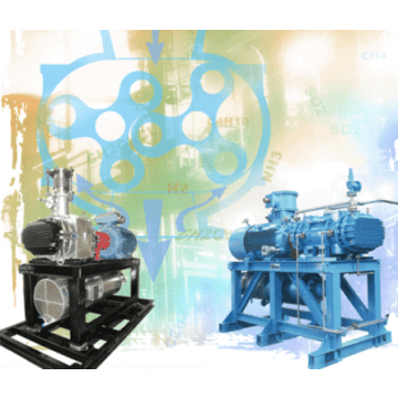 Image assembly featuring two process positive displacement blower 's package to demonstrate the interchangeability between the old range (in blue) and the new range (in black) of Hibon rotary piston blower units.